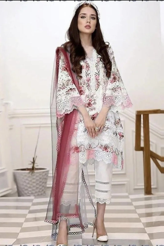 FARIDA HASSAN WHITE & PINK CHIKANKARI LAWN DRESS