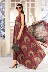 M.B New Arrival Maroon Print Embroidery 3pc