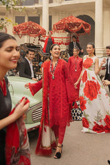 Mushq Red Chikankari Lawn Dress Silk Dupatta