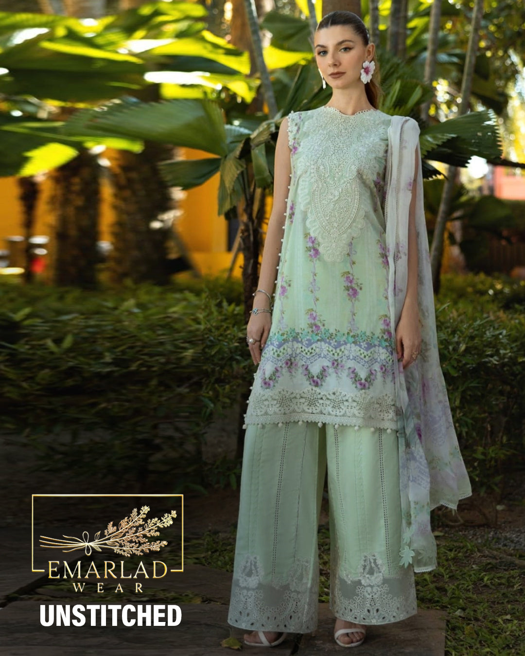 Elaf Premium Aria ETS-01A | Green - Printed Chikankari Collection