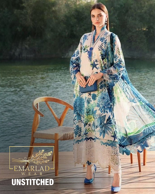 Maria B MPT-2510-B | White & Blue Butterfly - Lawn Eid Collection