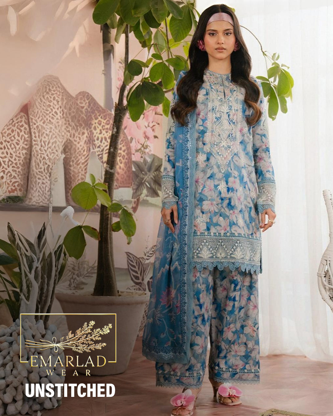 Afrozeh | Light Sky Blue Skin Flower - Lawn Printed With Chikankari