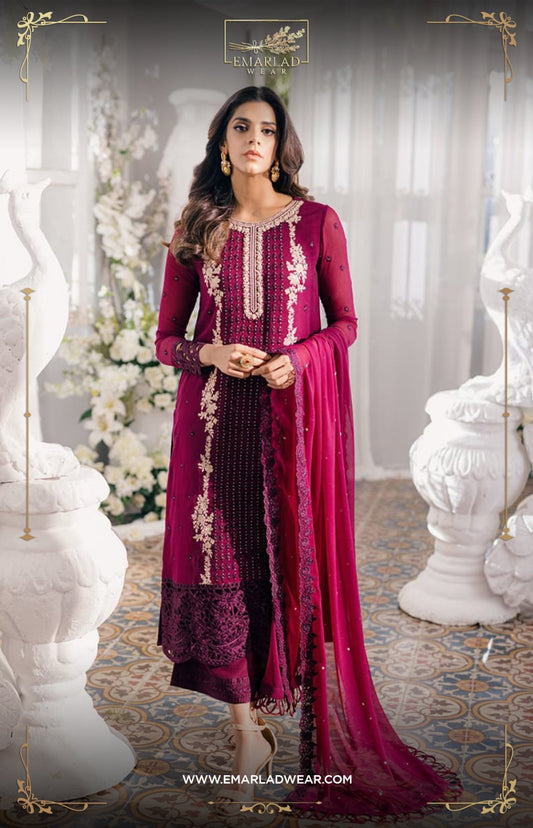 Azure Maroon Sami Pure Chiffon Dress New Arrival Formal Collection