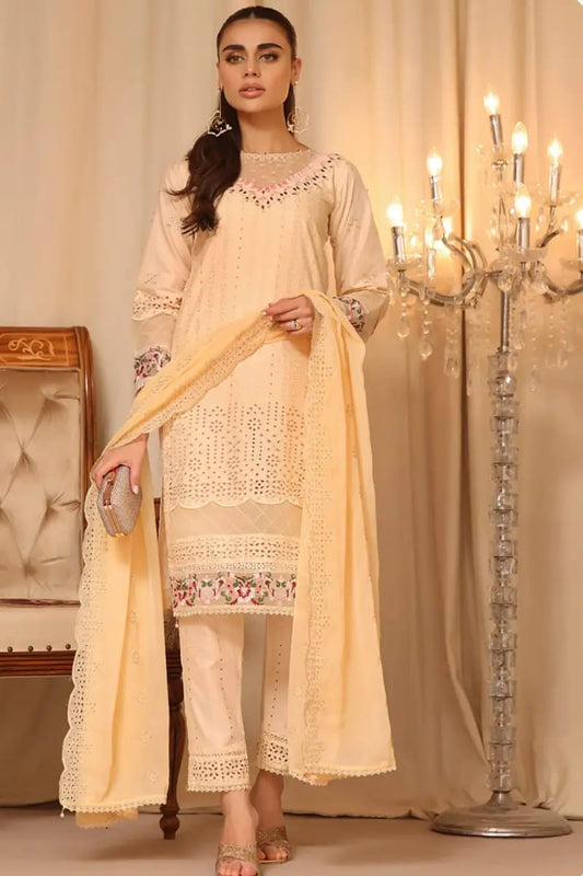 Adan Libas Peach Luxury Lawn Chikankari Embroidery Dress 3pc