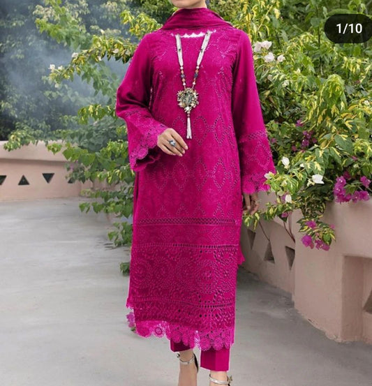 DESIGNER WEAR PINK CHIKANKARI LAWN COLLECTION 3PC