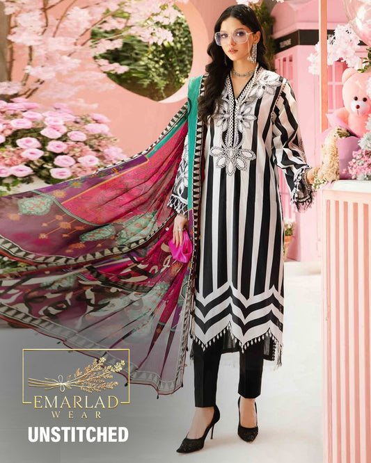 Maria B M-Print MPT-2609-B | Black & White Stripe  -  Lawn With Chiffon Dupatta Collection