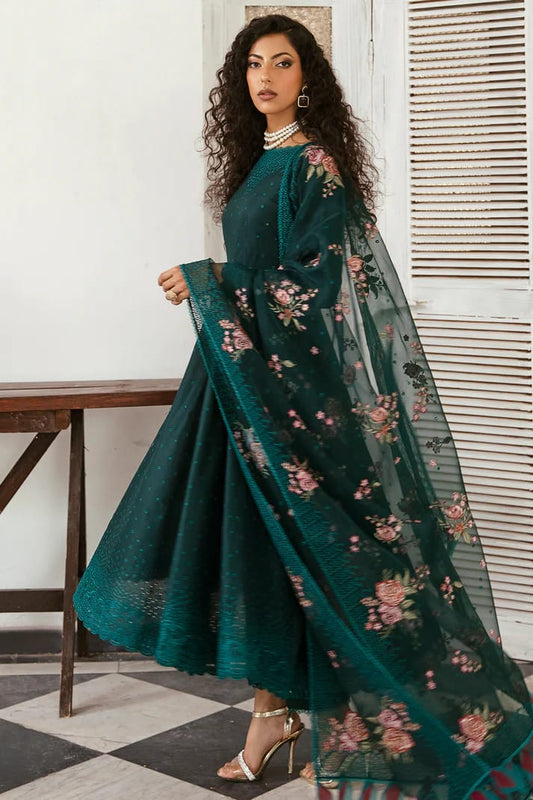 Jazmin Dark Green Shiffle Chikankari Dress 3pc