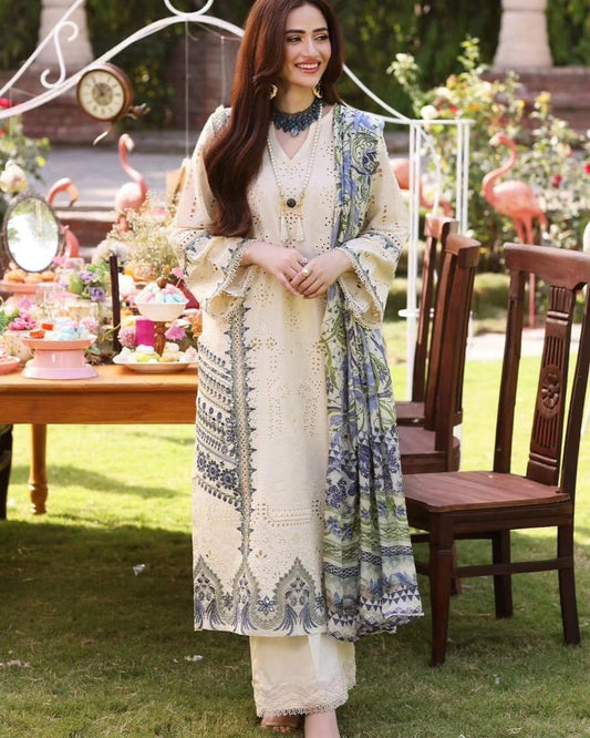 Elaf Cream Lawn Embroidery Chikankari Dress 3pc
