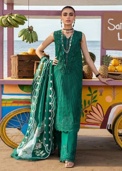 Crimson Bottle Green Luxury Chikankari Embroidery Dress