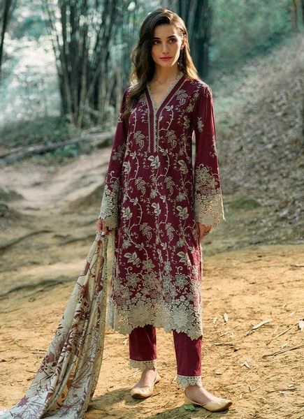 Rameen Maroon Chikankari Lawn Embroidery Dress 3pc