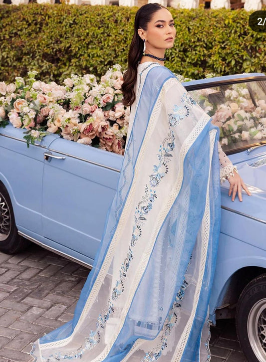 Hussain Rehar Sky Blue&off White Embroidery Lawn Luxury Dress