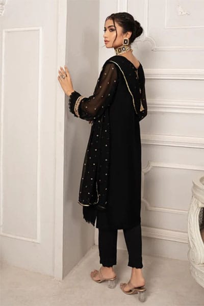 Women Party Dresses Embroidered Chiffon Black