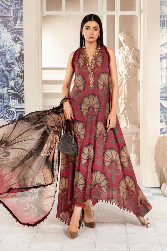 M.B New Arrival Maroon Print Embroidery 3pc