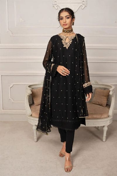 Women Party Dresses Embroidered Chiffon Black