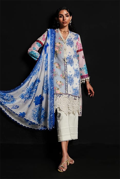 SS Skin Blue Pure Lawn Embroidery Dress 3pc Summer Collection