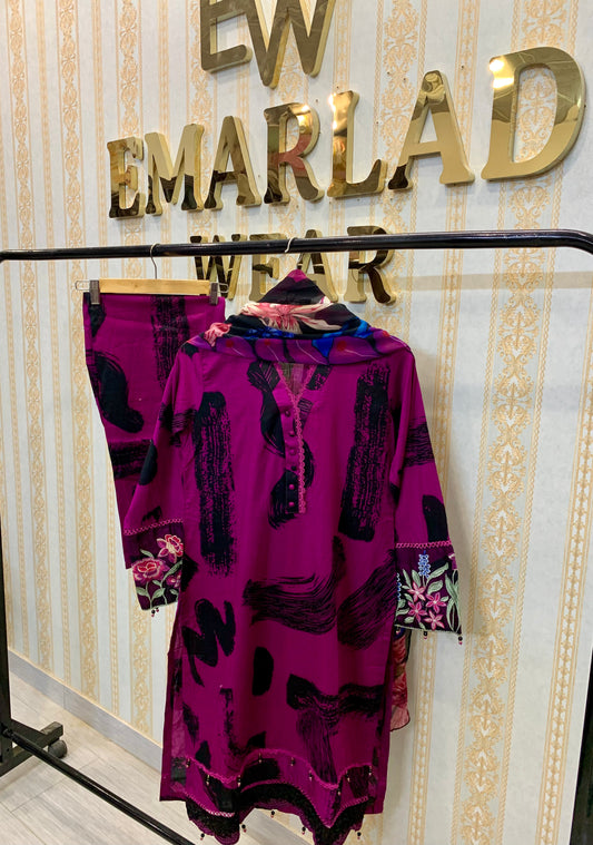 Stitched Purple Dress Summer collection Embroidery New Arrival Pure Lawn 3pc