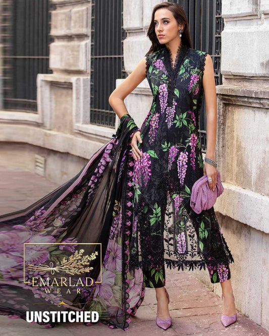 Maria B Lawn Black grapes Chickenkari Front Chiffon Dupatta
