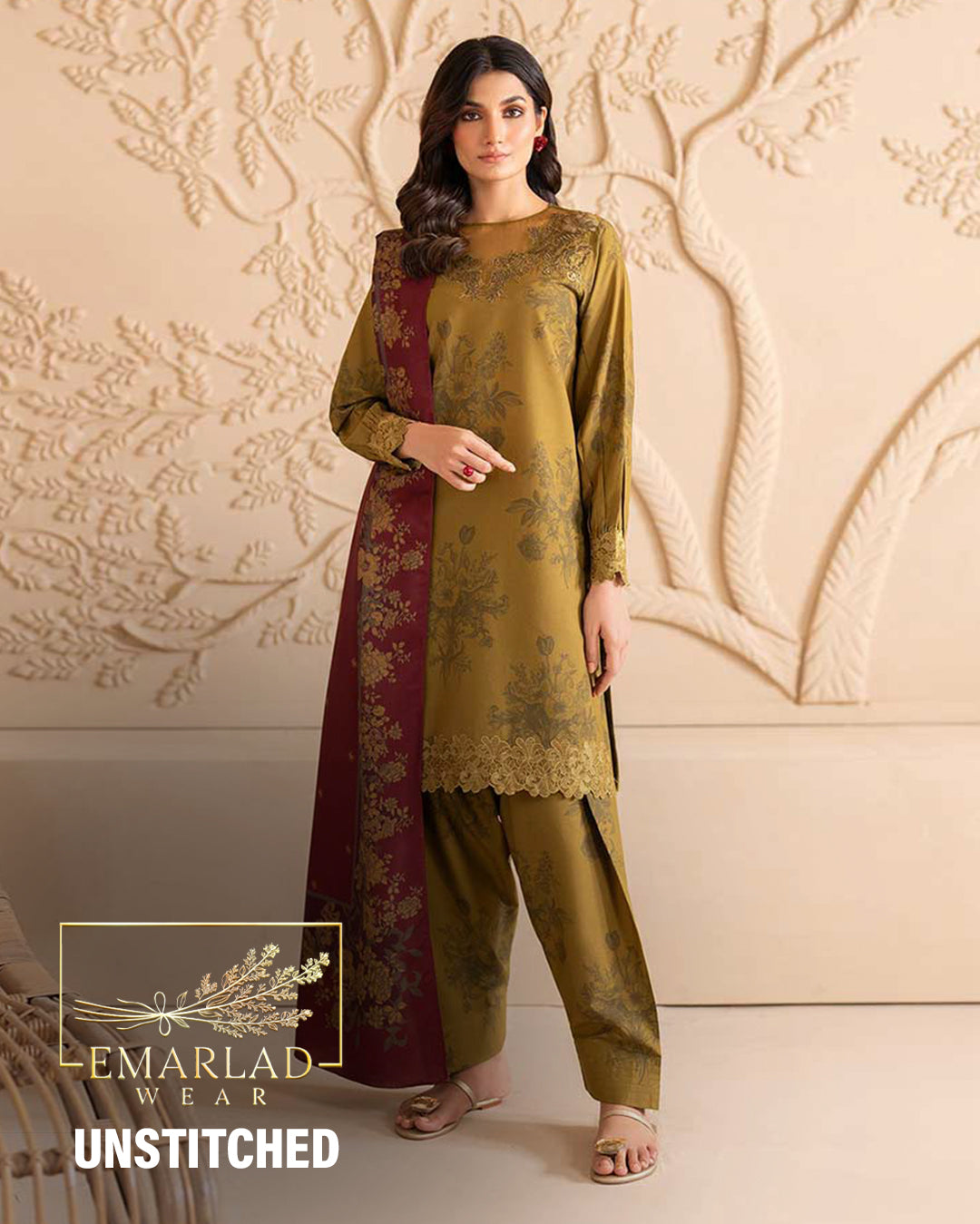 Iznik | Mehndi Mehroon dupatta - Lawn With Chiffon Dupatta