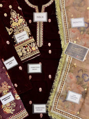 Baroque Embroidered Velvet  UF-250 Mehroon
