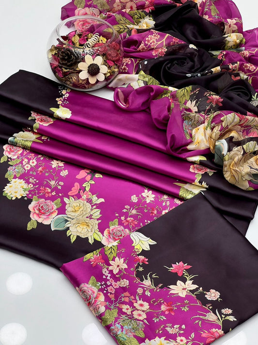 Shamoze Silk - 3 Piece Digital Print - Black And Pink