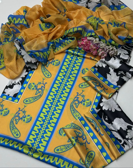 Shamoze silk - 3 Piece - Digital Print  - Azure Bloom