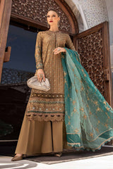 Maria B Unstitched Embroidered Chiffon - Burnt Gold and Teal