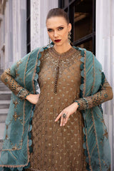 Maria B Unstitched Embroidered Chiffon - Burnt Gold and Teal
