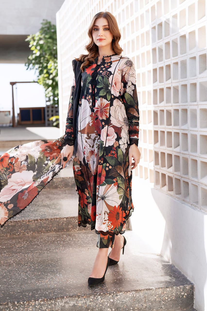 Baroque | Black Multi-Flower - Lawn With Chiffon Dupatta Collection