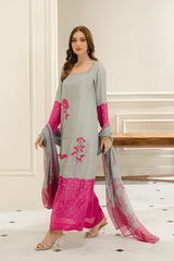 Lulusar | Grey Pink - Shamoz Silk Digital Printed With Adda Handwork