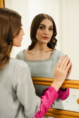 Lulusar | Grey Pink - Shamoz Silk Digital Printed With Adda Handwork