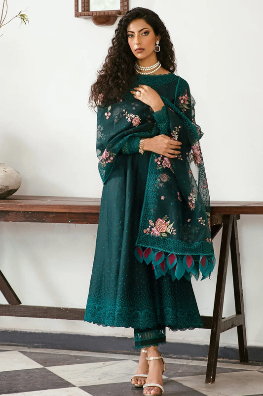 Jazmin Dark Green Shiffle Chikankari Dress 3pc