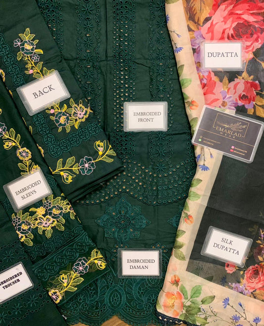 Saira Rizwan Bottle Green Shifle Chikankari Embroidery 3pc