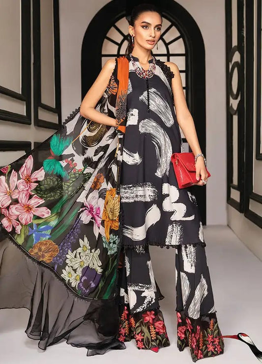M.B New Arrival Black Print Embroidery 3pc