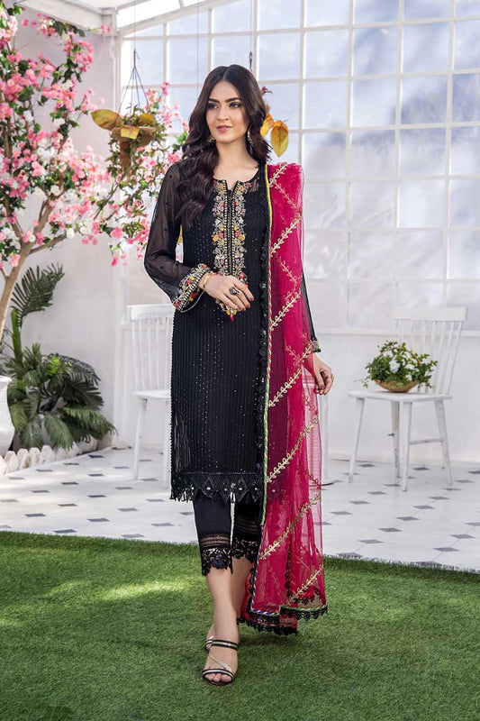 KHUDA BAKSH FORMAL CHIFFON DRESS BLACK & PINK VELVET